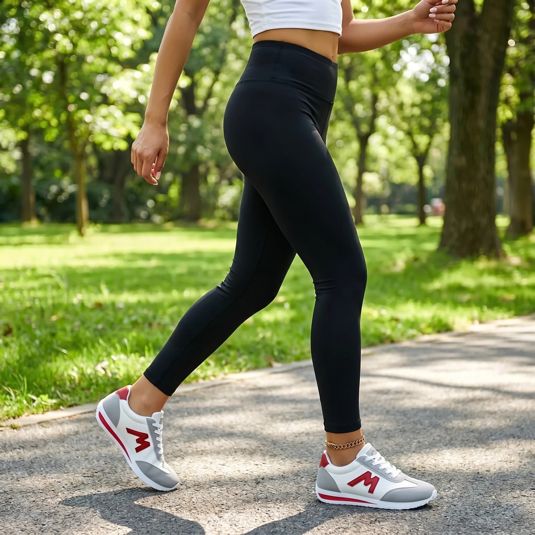Close up of women's versatile breathable casual sneakers showing the textured fabric, precise stitching, and design elements against a neutral background.