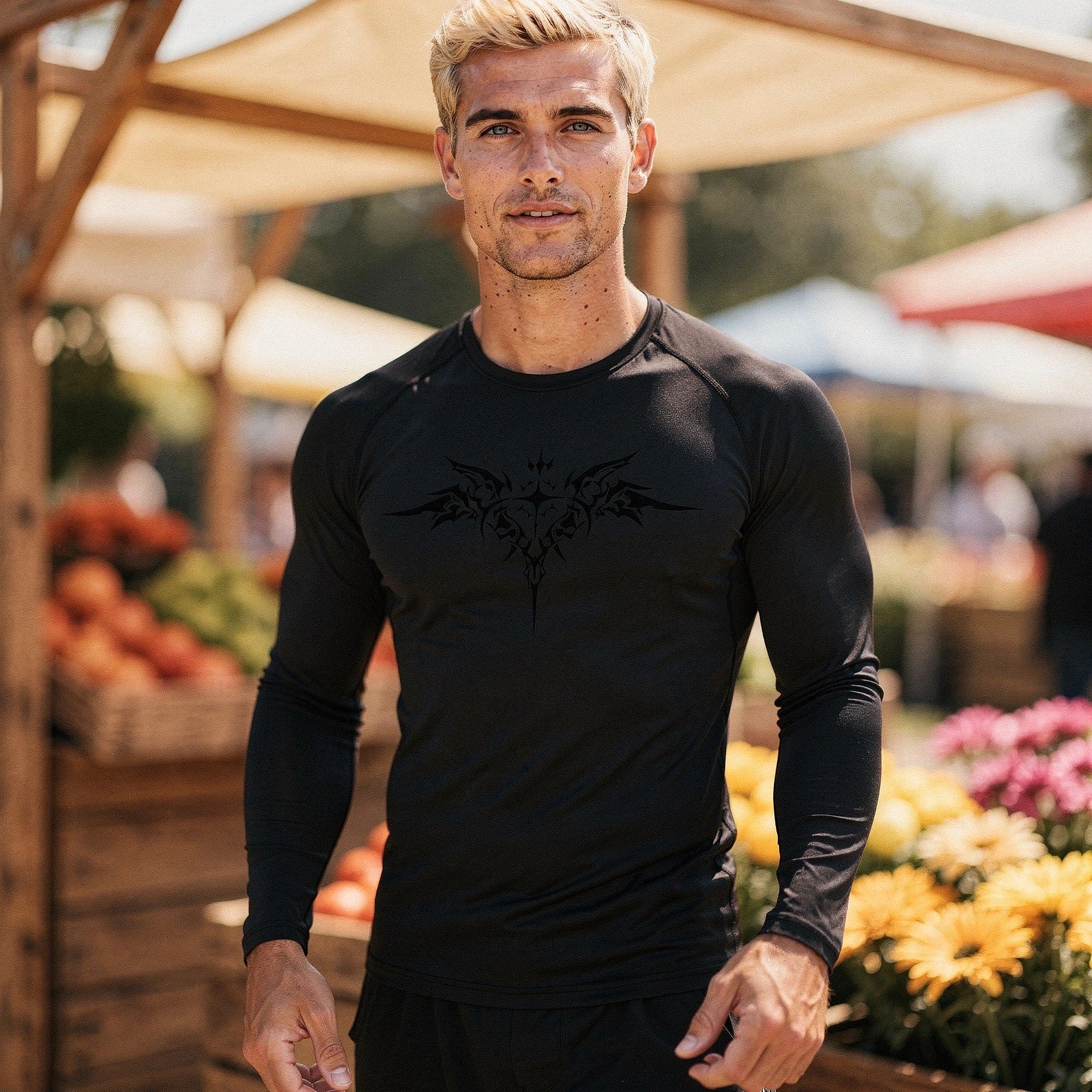 View of a black quick drying compression tee featuring short sleeves and a fitted design for enhanced mobility