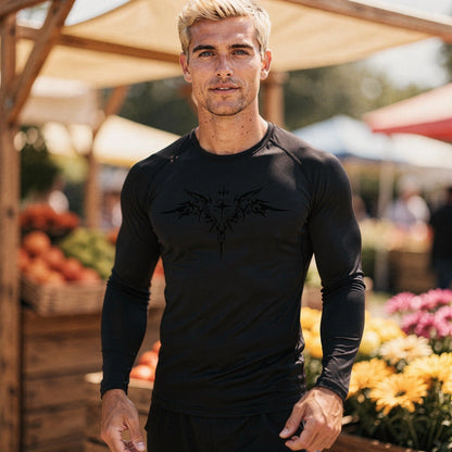 View of a black quick drying compression tee featuring short sleeves and a fitted design for enhanced mobility