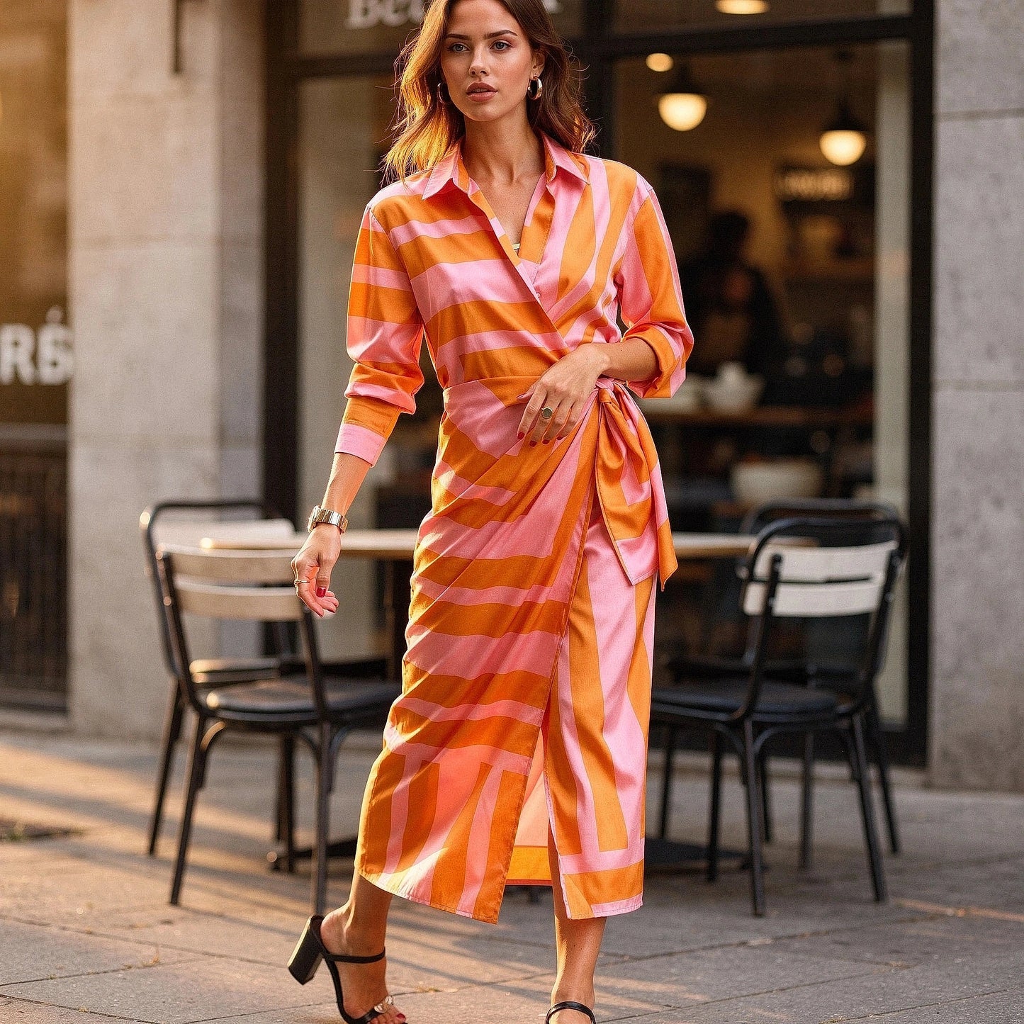 View of a flattering wrap dress featuring a colorful floral print, short sleeves, and a cinched waist