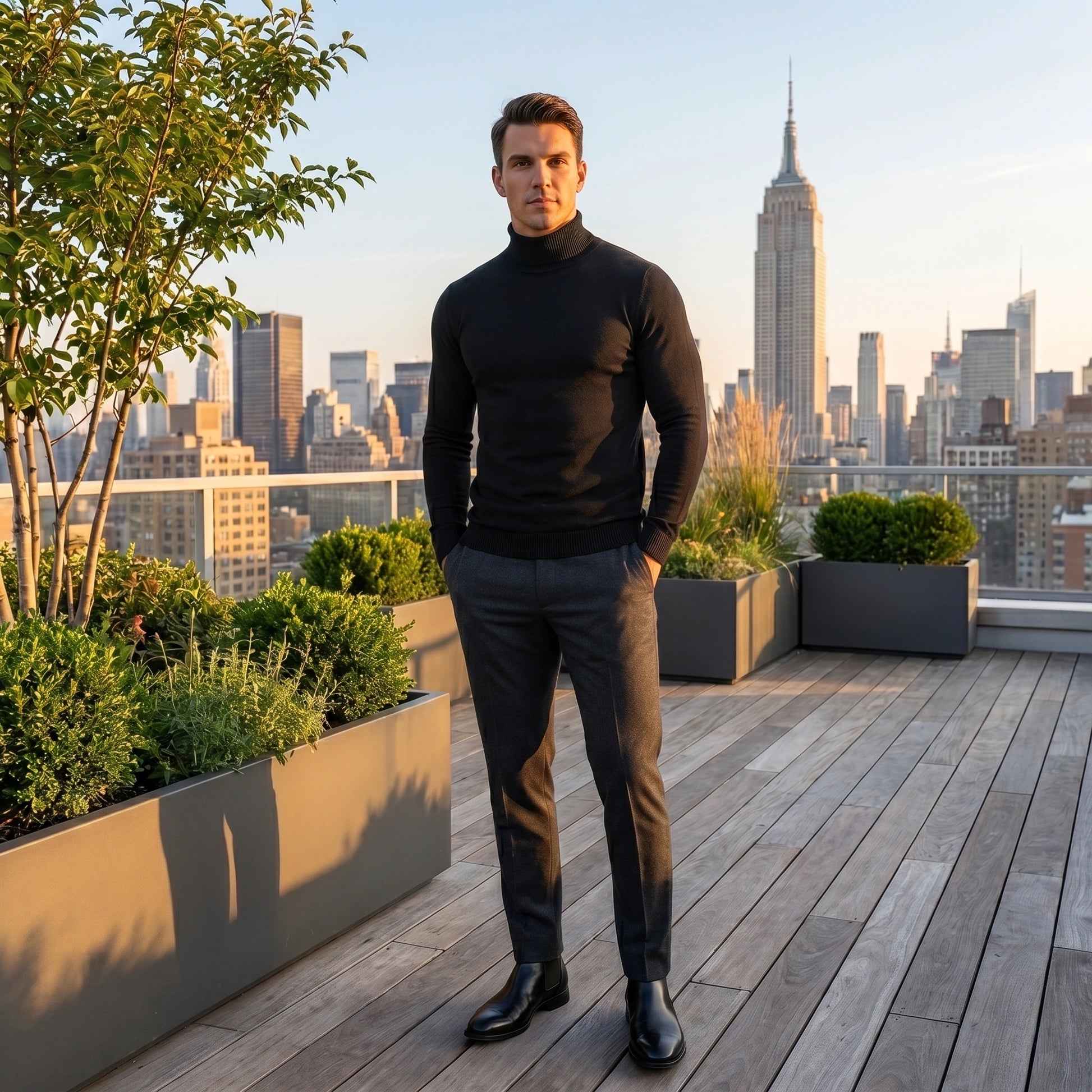 Close up view of the mens fitted turtleneck sweater showing the soft fabric, precise stitching, and texture, emphasizing its warmth and style.