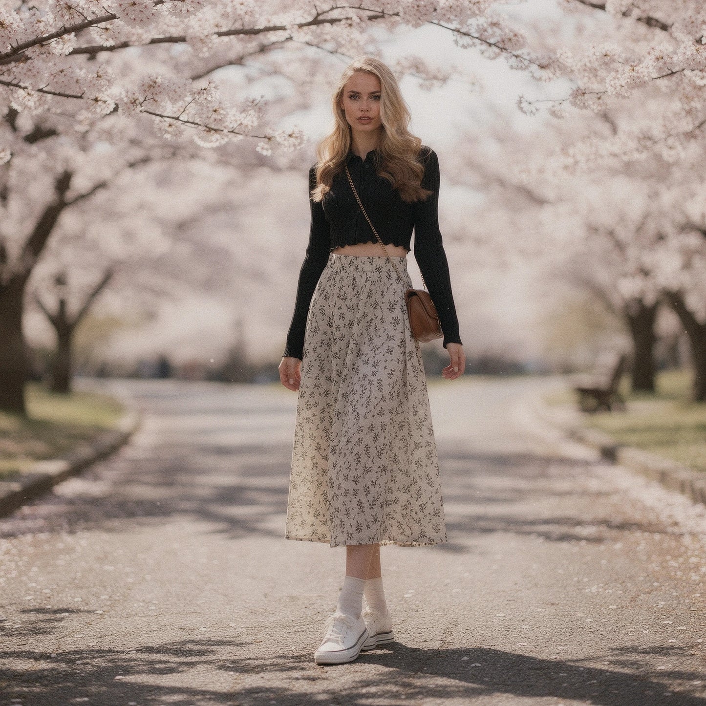 Light pink midi skirt with a flowy silhouette, featuring delicate floral patterns and a soft, lightweight fabric, view
