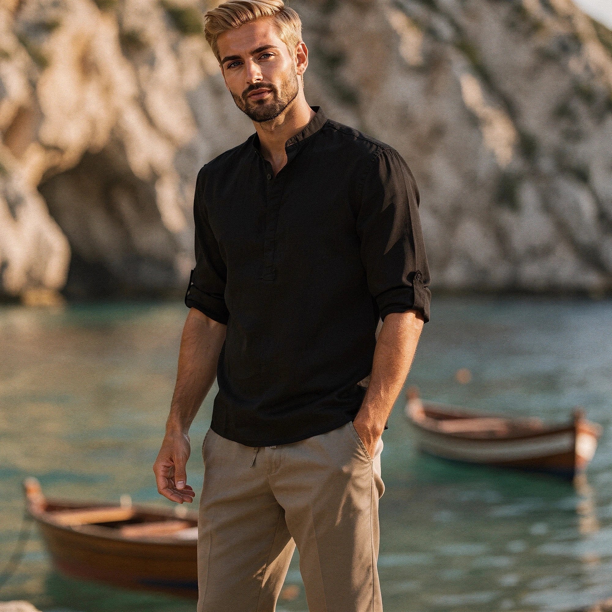 View of a relaxed fit autumn shirt in earthy tones, featuring a button down collar and soft fabric texture