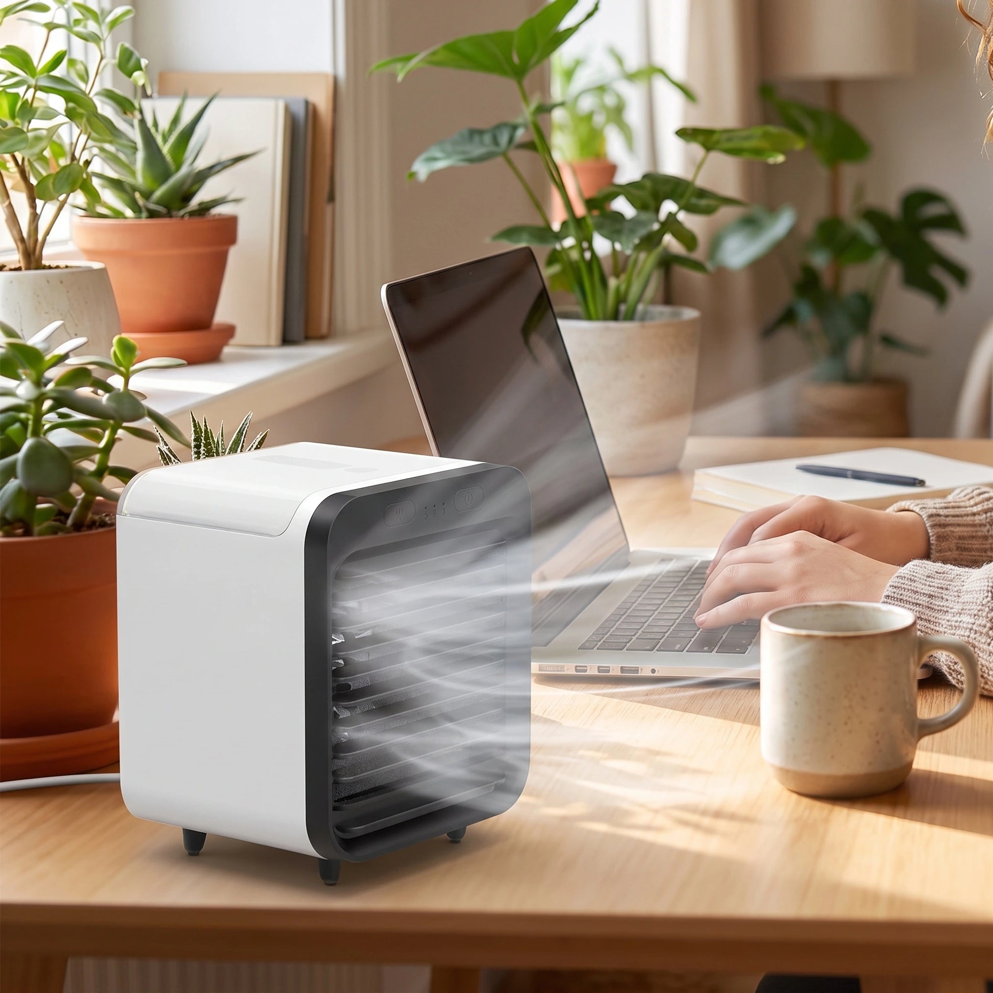 Close up view of the Compact Rechargeable USB Air Conditioner Fan showing its sleek design, textured surface, and precise stitching details against a neutral background.