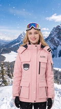A model showcases the women's warm windproof waterproof ski jacket in a colorful, styled with outdoor accessories against a snowy mountain backdrop.