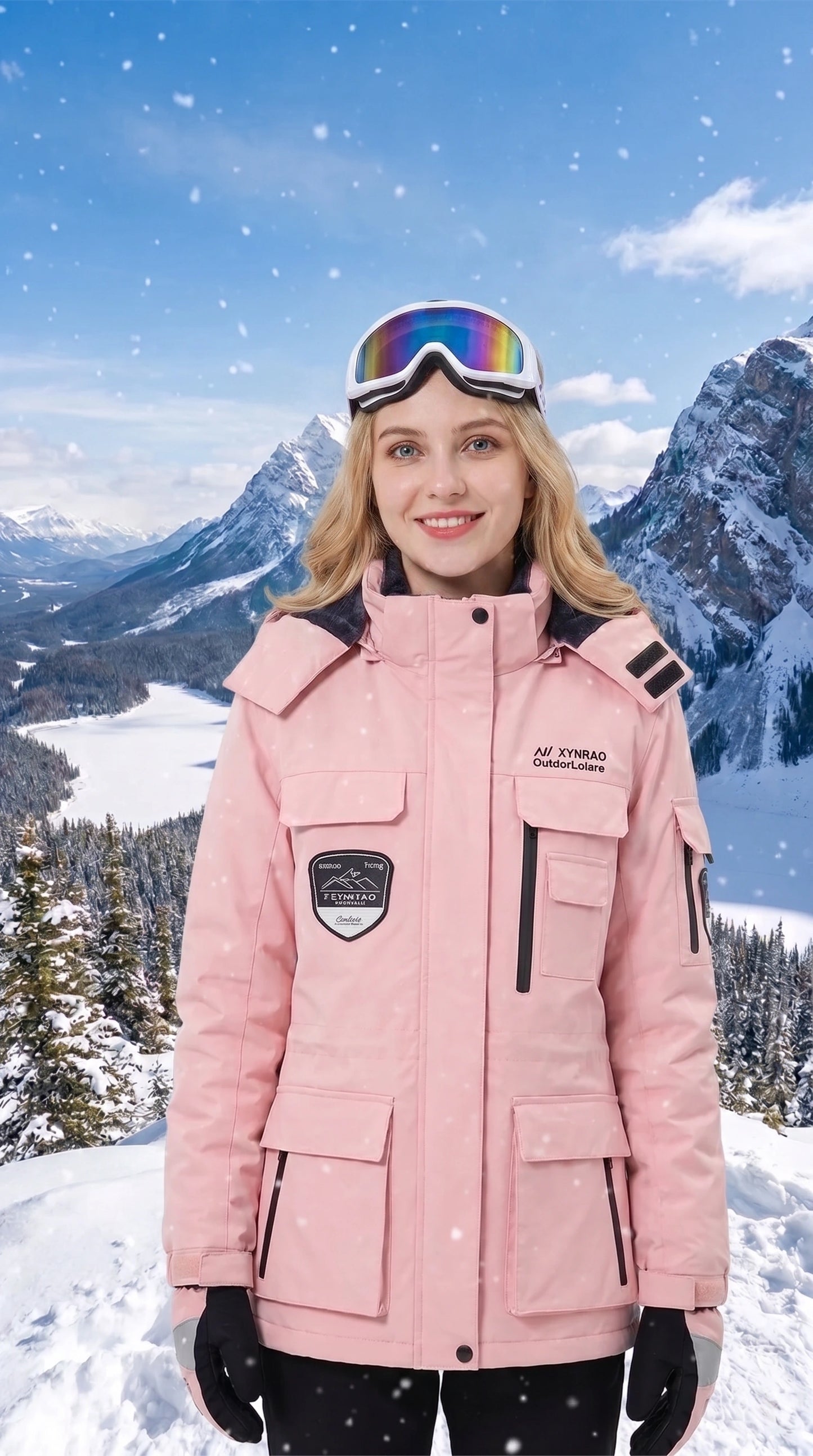 A model showcases the women's warm windproof waterproof ski jacket in a colorful, styled with outdoor accessories against a snowy mountain backdrop.