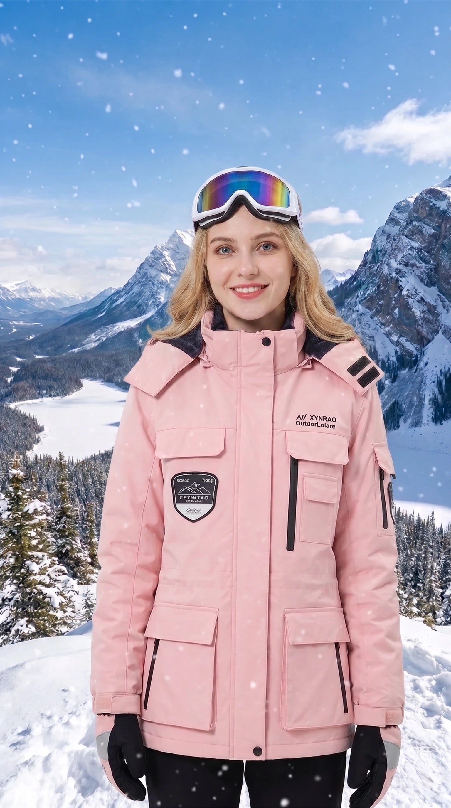 A model showcases the women's warm windproof waterproof ski jacket in a colorful, styled with outdoor accessories against a snowy mountain backdrop.