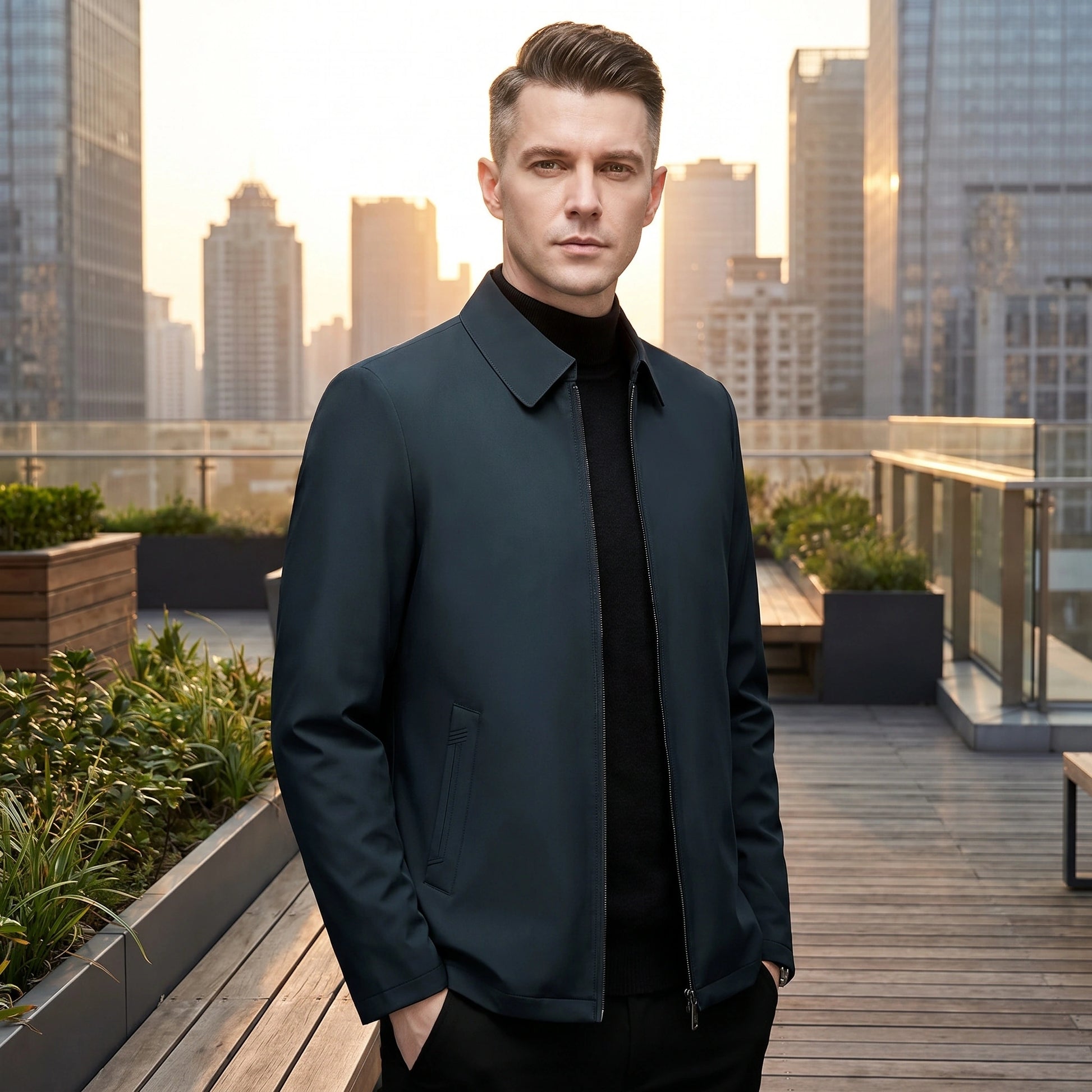 A model showcases the mens cozy winter jacket in a rich navy color, styled with complementary accessories against a neutral backdrop.