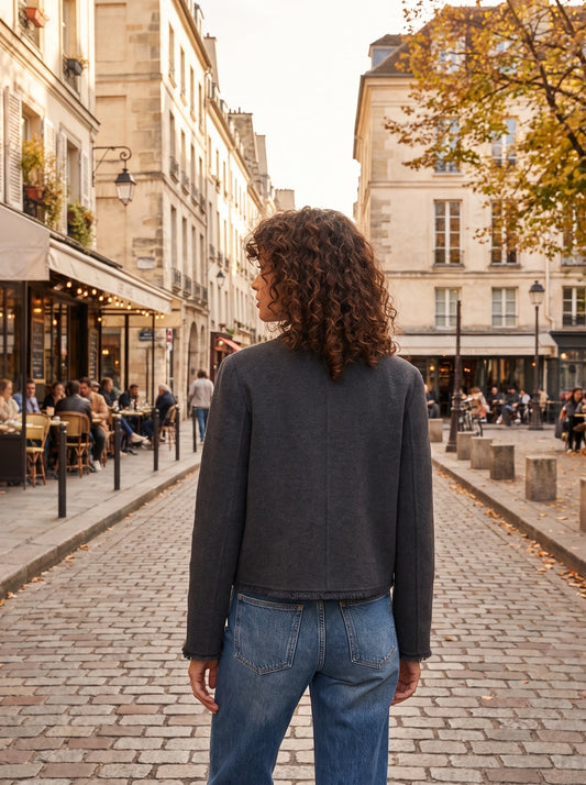 Back view of a model wearing a women's tailored autumn jacket in a rich burgundy color, showing frayed edges and sophisticated construction details against a neutral background.