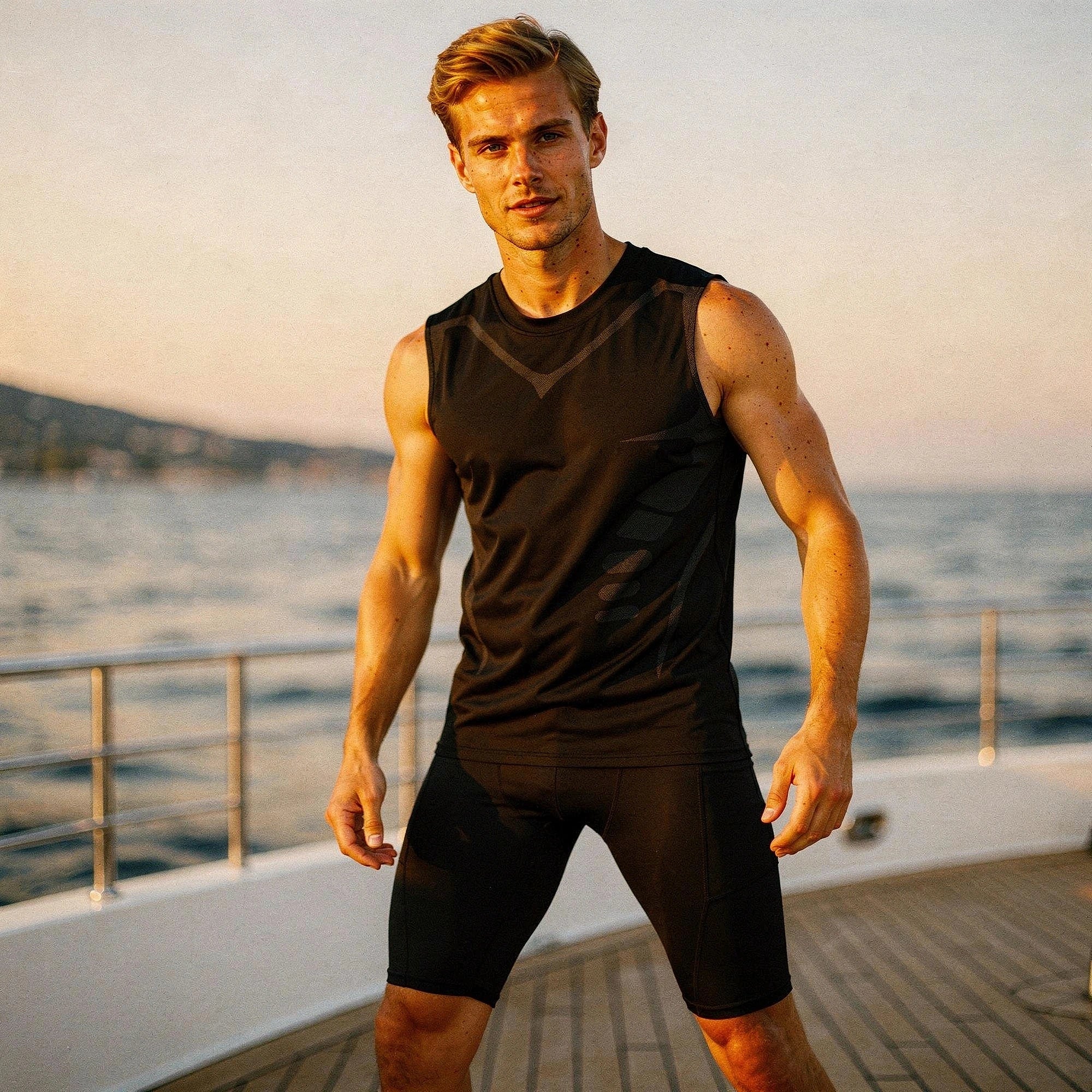 View of a sleek athletic tank top in dark gray, made from quick dry material, featuring a round neckline and fitted design