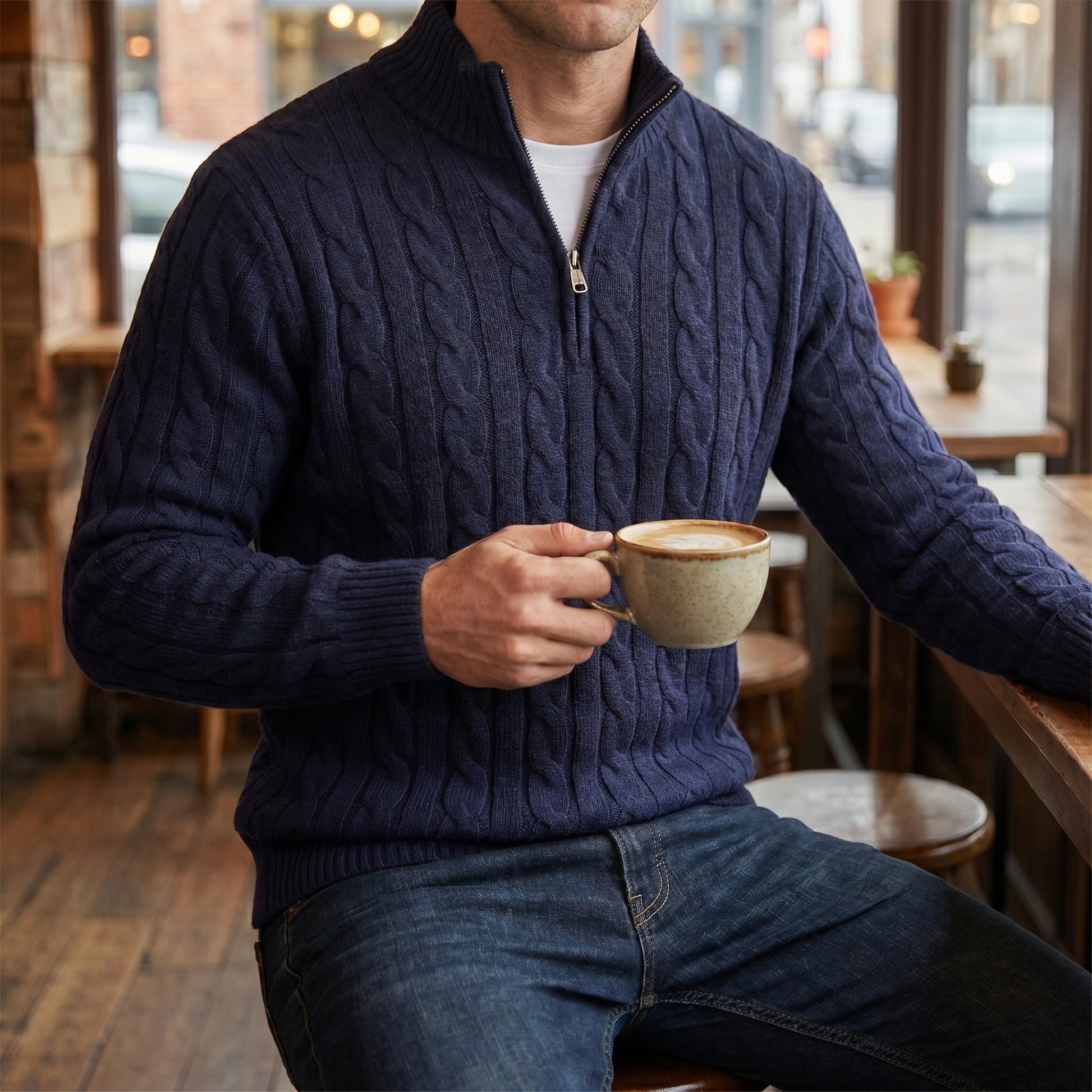 Close up view of the mens modern relaxed winter sweater showing the intricate cable knit pattern and fine stitching details against a neutral background.