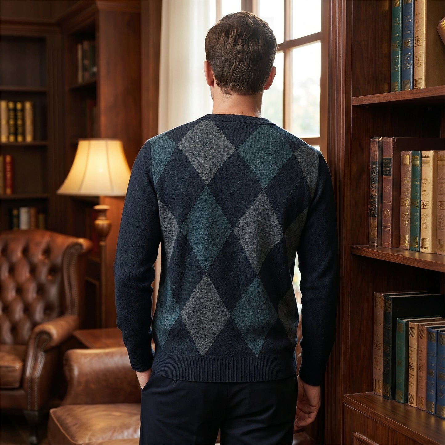 Close up view of the Men's Classic Refined Argyle V Neck Sweater showing the intricate stitching and soft fabric texture in a sophisticated color palette.