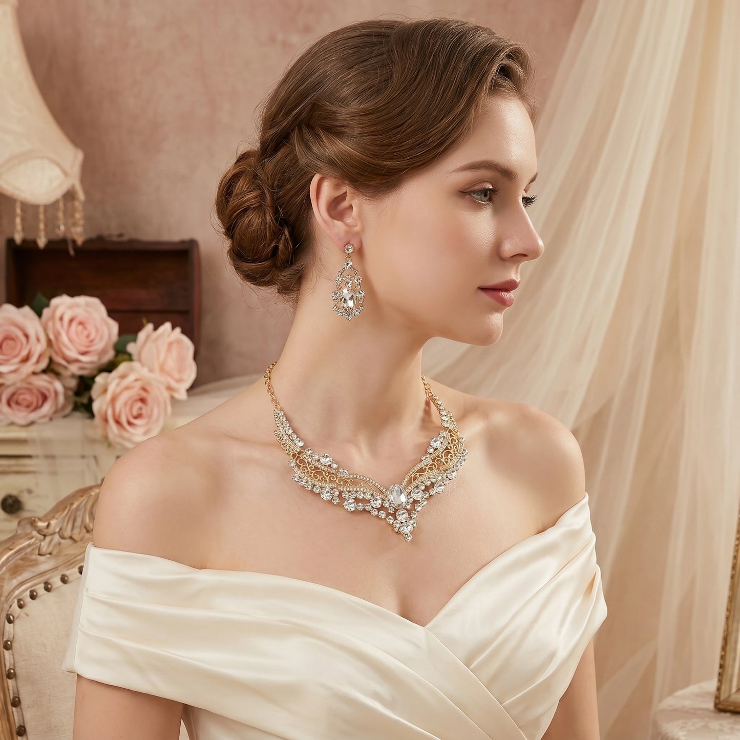 Close up of the Amelia women's versatile jewelry set showing intricate craftsmanship and shimmering accents against a soft neutral background.
