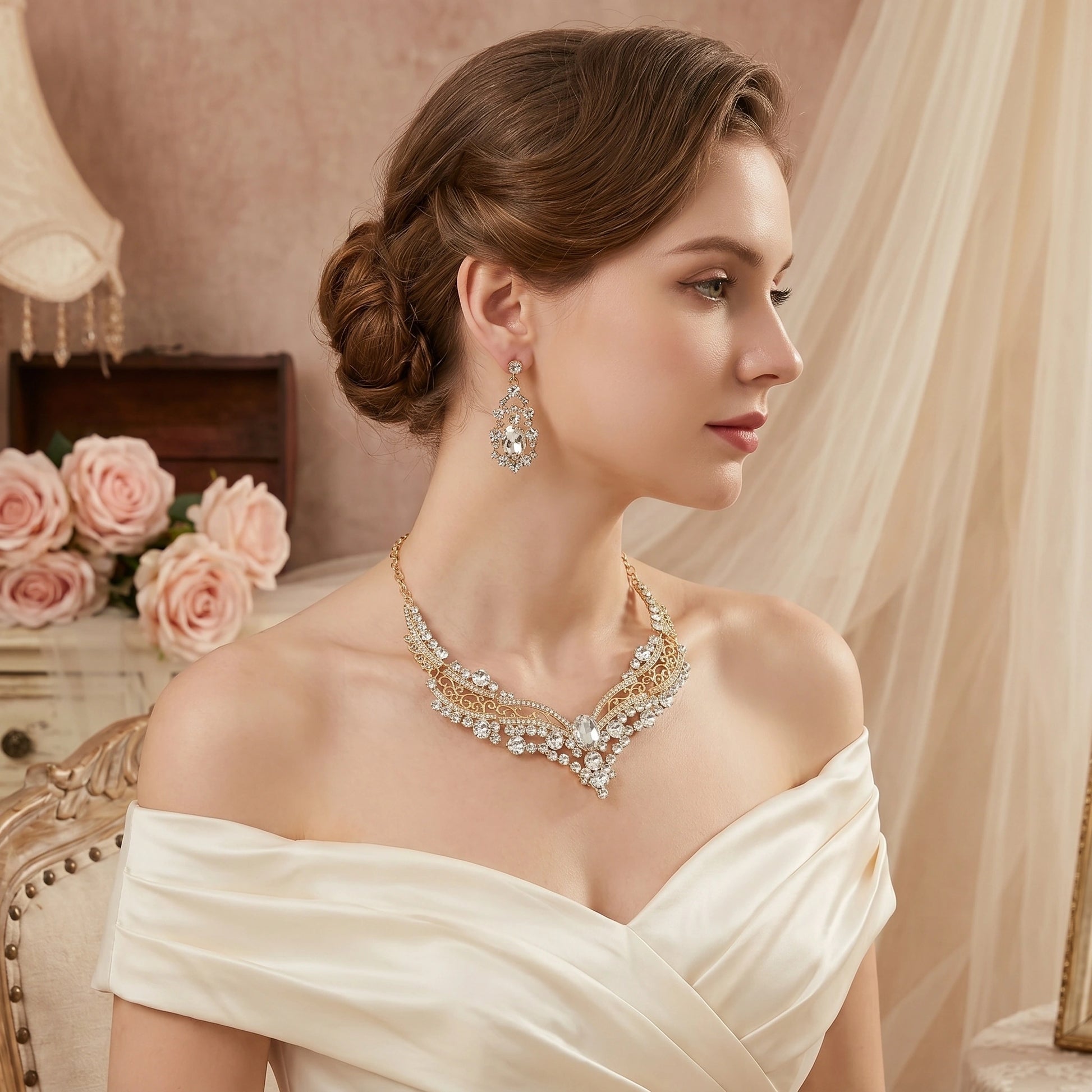 Close up of the Amelia women's versatile jewelry set showing intricate craftsmanship and shimmering accents against a soft neutral background.