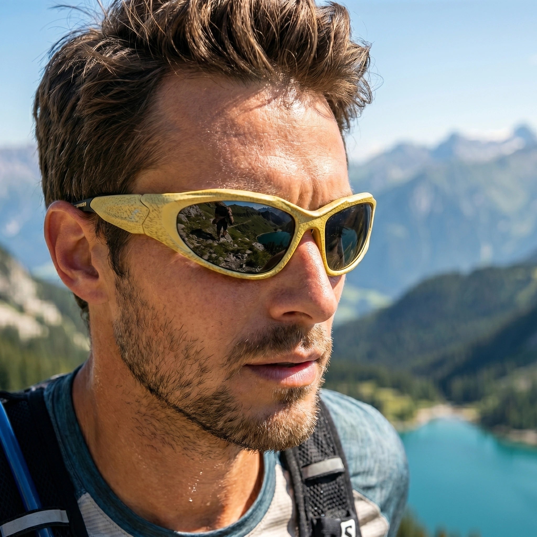 Close up of the Mens Bold Retro Vintage Sunglasses showing the sleek frame design and classic lens color against a neutral background.