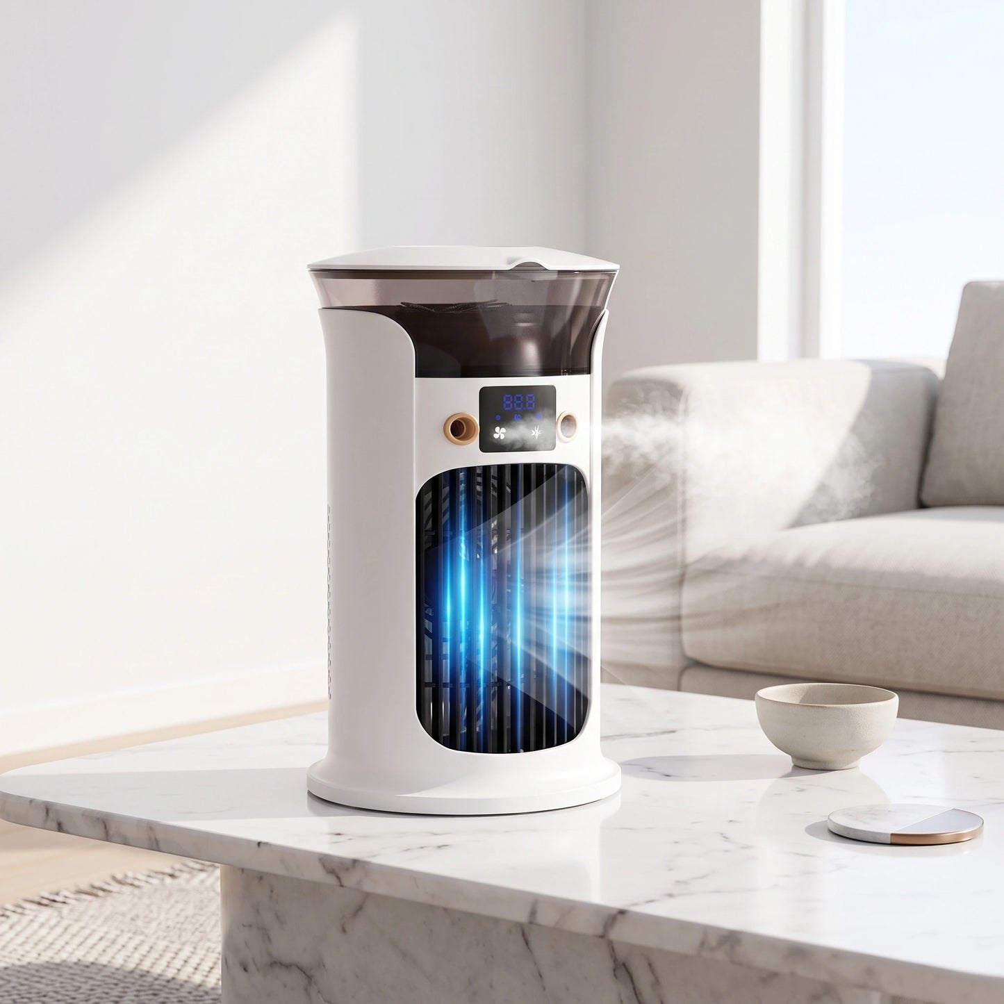 Close up view of the Compact USB Powered Air Cooler Mini Desktop Fan showing its sleek design, textured surface, and detailed stitching for enhanced durability.