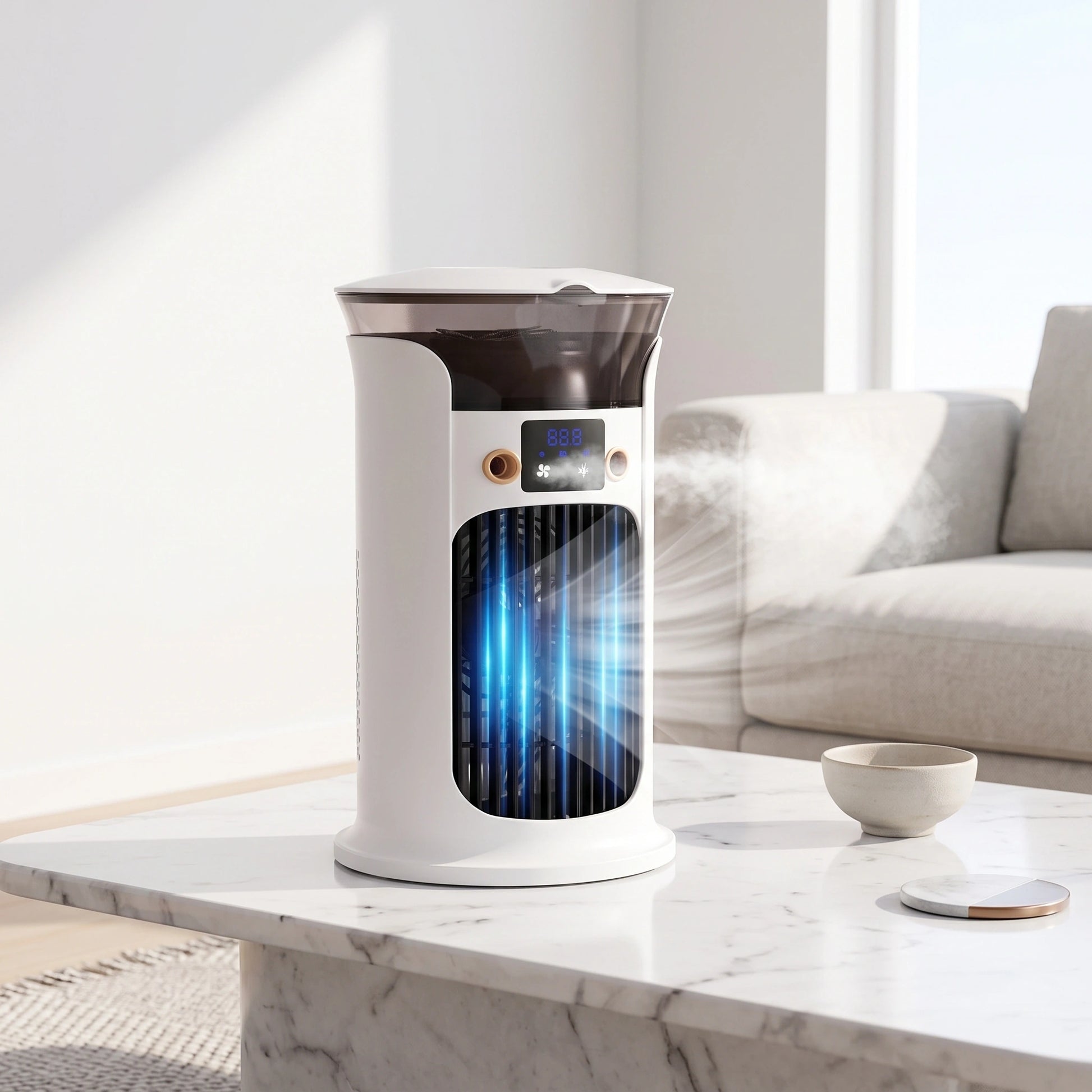 Close up view of the Compact USB Powered Air Cooler Mini Desktop Fan showing its sleek design, textured surface, and detailed stitching for enhanced durability.