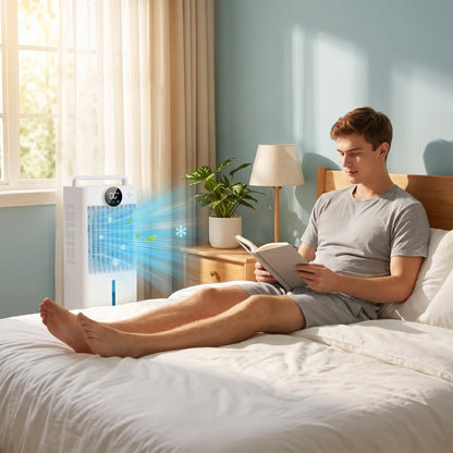 Close up view of the sleek portable evaporative air cooler showing its textured fabric, precise stitching, and remote control feature against a clean, neutral background.