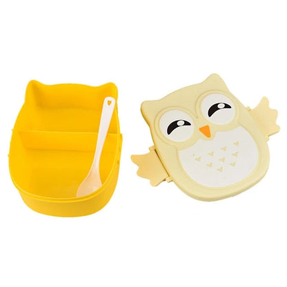 View of a playful sturdy plastic lunch box for kids, featuring vibrant colors and a fun owl design