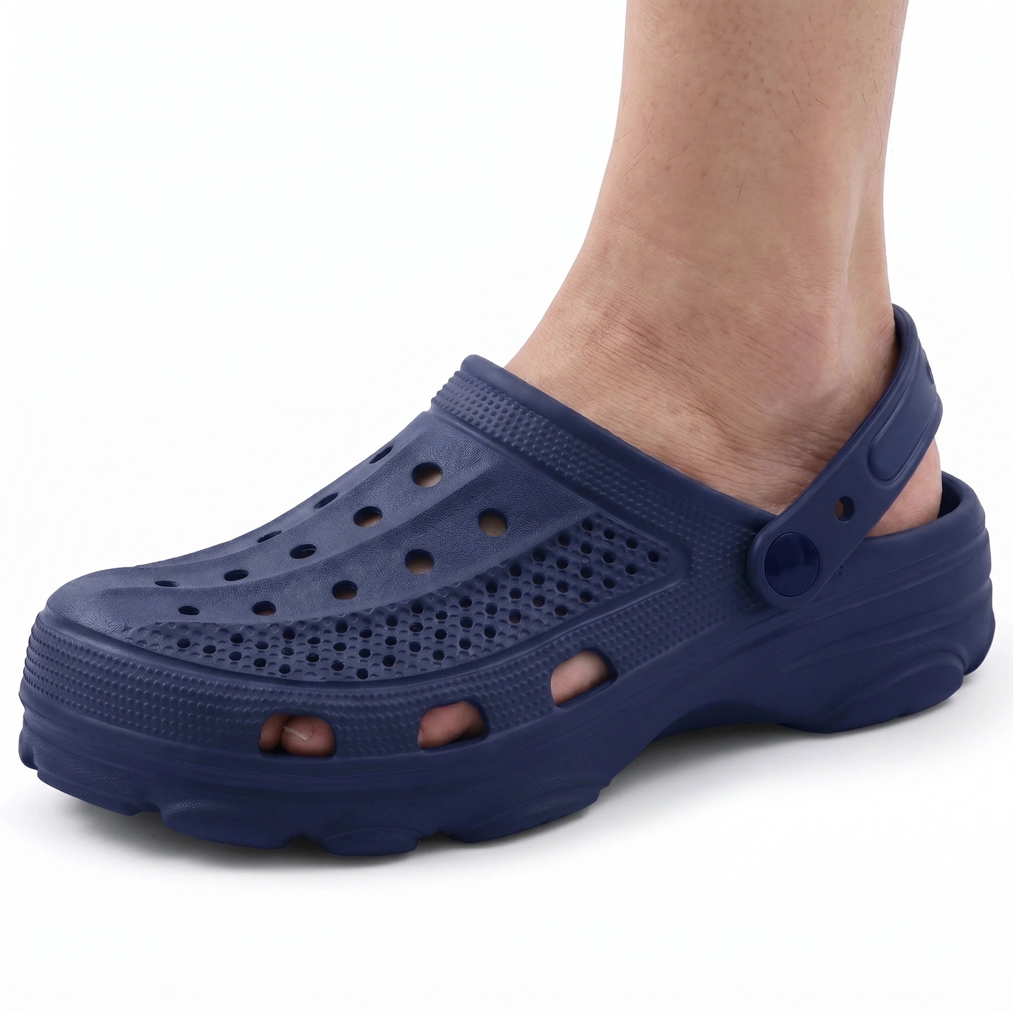 Close up view of the breathable fabric and precise stitching on men's casual summer sandals, showing their comfort and style for beach and everyday wear.