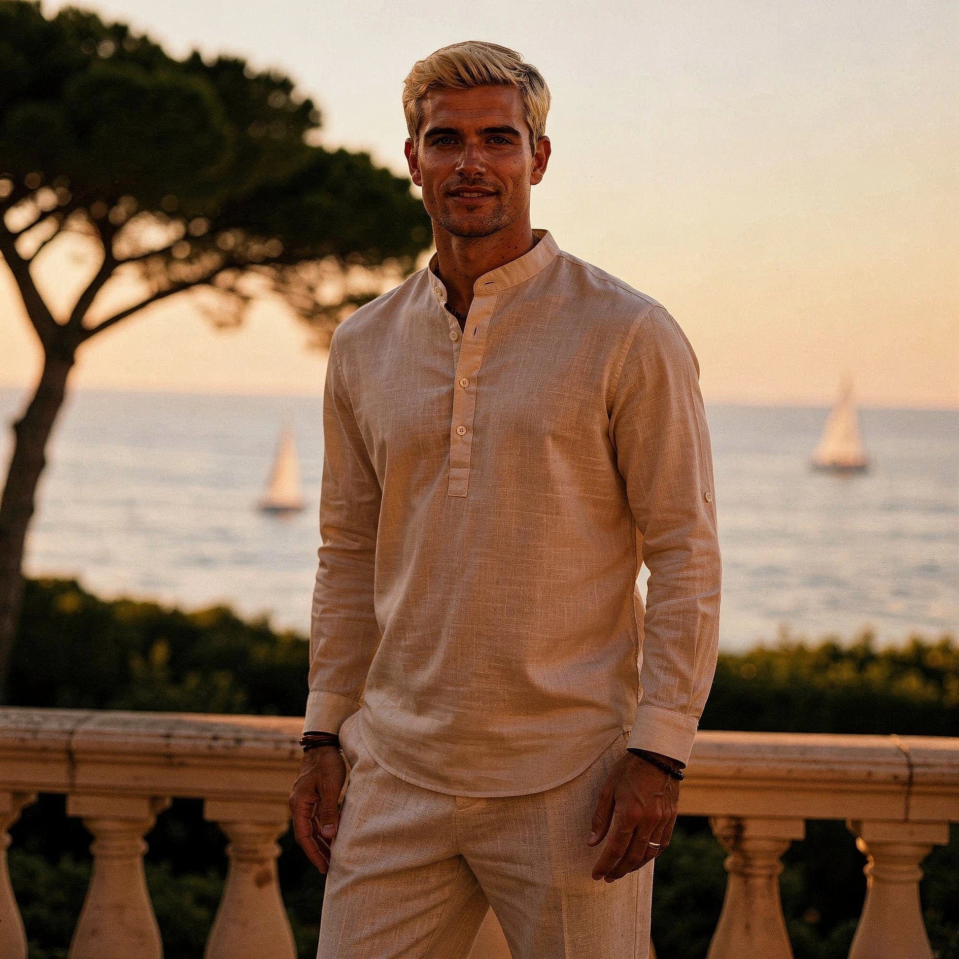 Lightweight casual henley shirt in soft cotton, featuring a relaxed fit, three button placket, and long sleeves in a light gray color