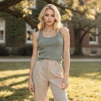 View of a light gray ribbed tank top featuring a sleeveless design and a relaxed fit