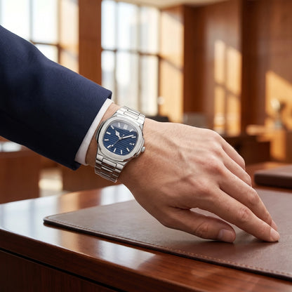 Close up view of the square steel band watch showing intricate detailing on the case and band, showing its modern craftsmanship and elegance.