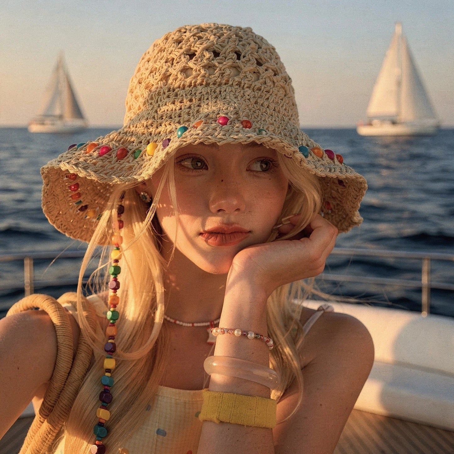 Colorful crochet summer bucket hat featuring a wide brim and intricate patterns, detailed view showcasing vibrant hues