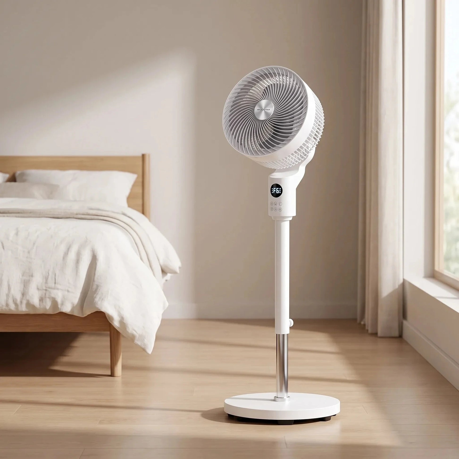 Sleek pedestal fan featuring a tall, stable base and a circular head designed for wide air circulation