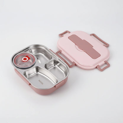View of a contemporary stainless steel bento lunch box featuring a sleek design and secure lid, showcasing its eco friendly material