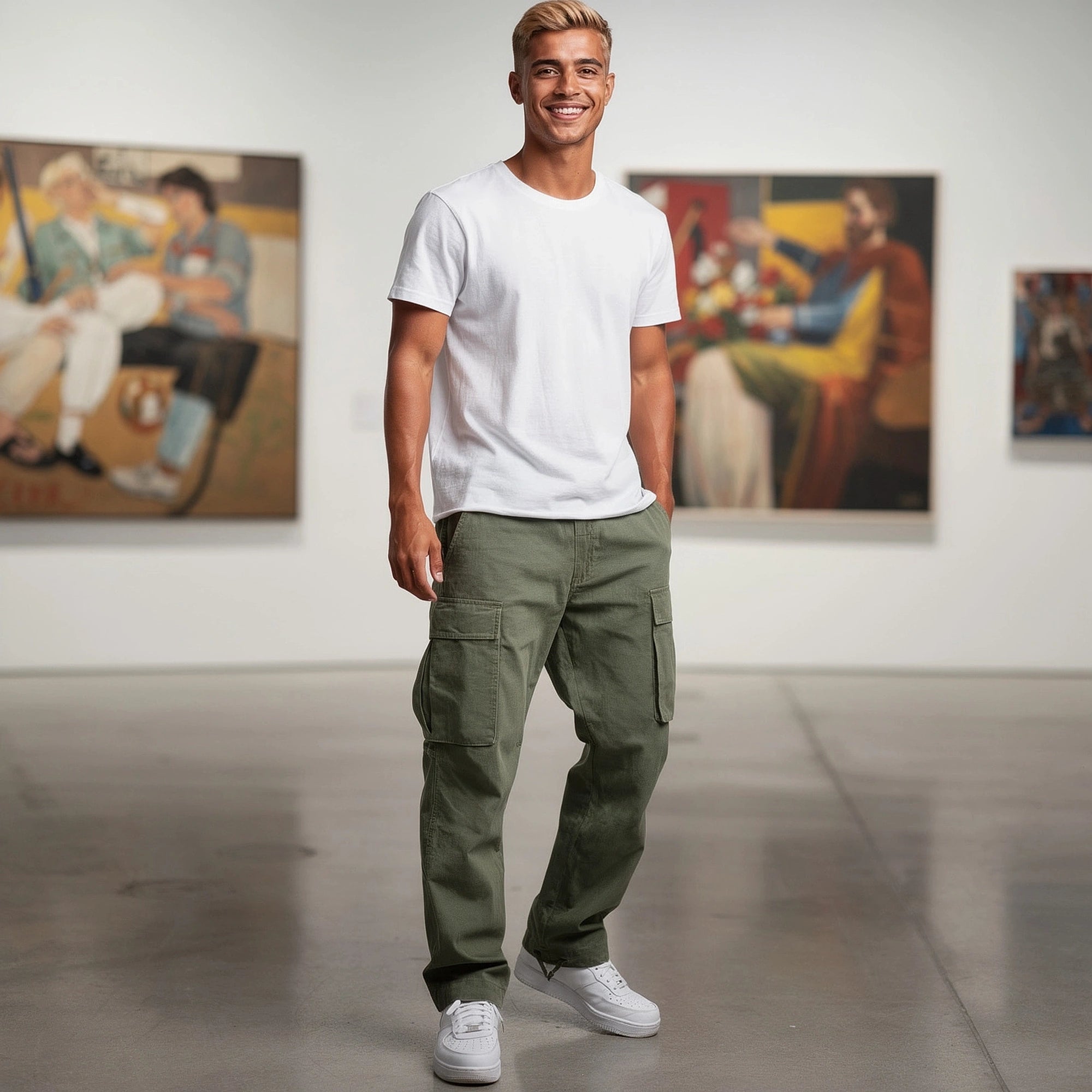 View of relaxed fit cargo pants in olive green, featuring multiple pockets and a soft, durable fabric