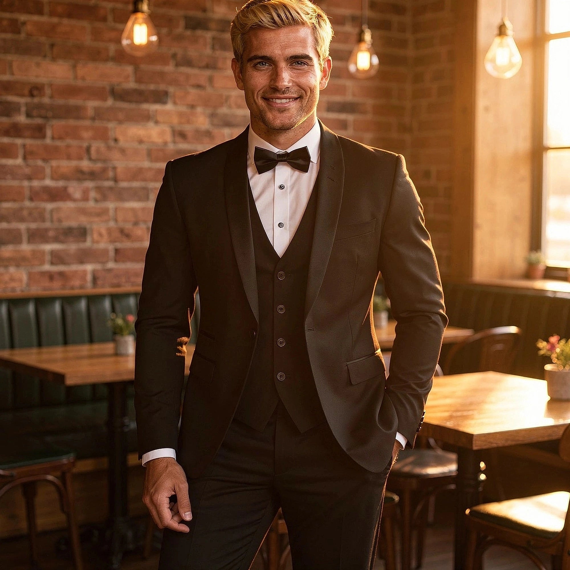 View of a tailored suit set in dark gray fabric, featuring a structured silhouette and subtle stitching details