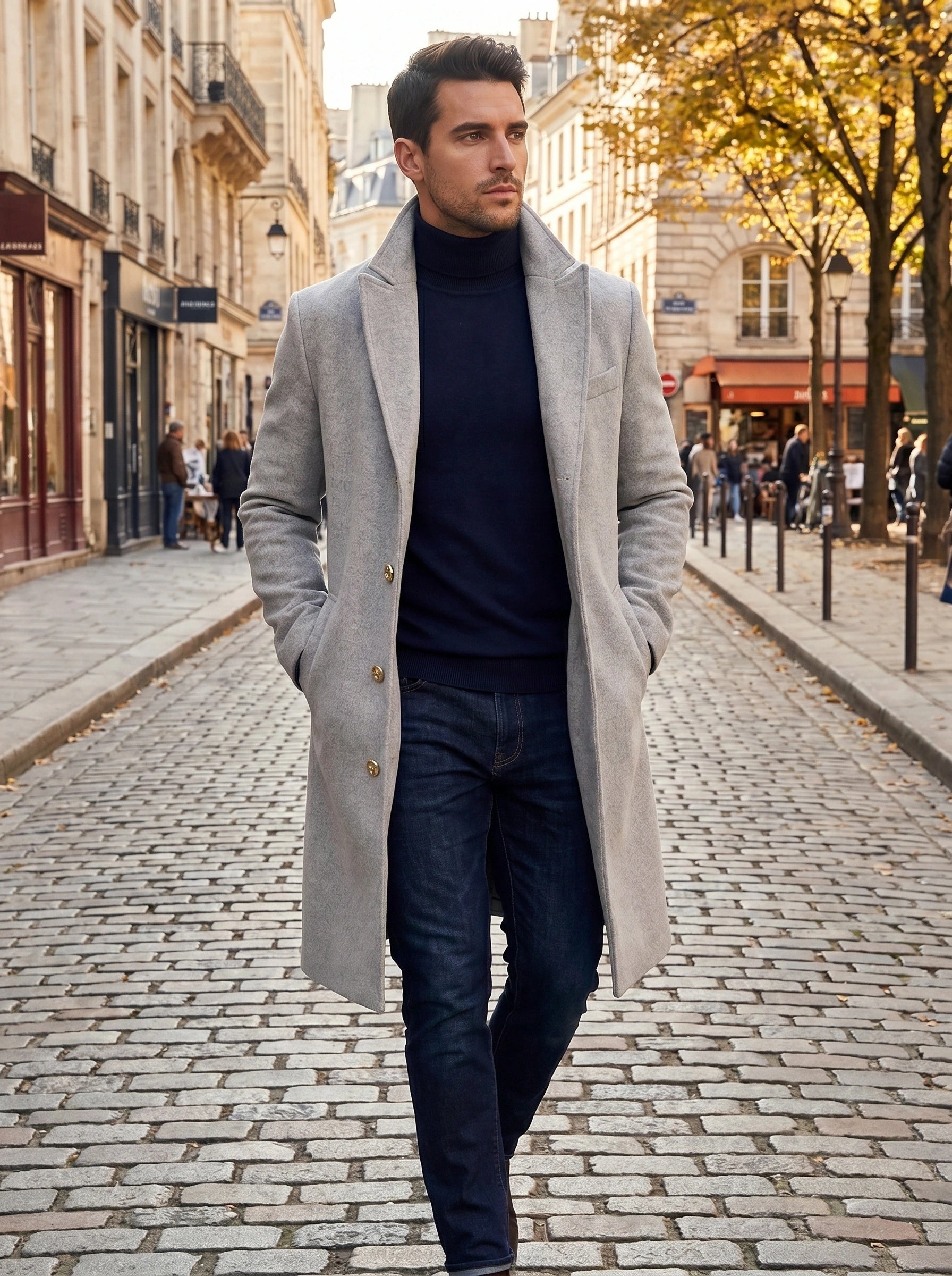 Close up view of the men's tailored wool blend pea coat showing the intricate stitching and rich texture of the fabric against a neutral background.