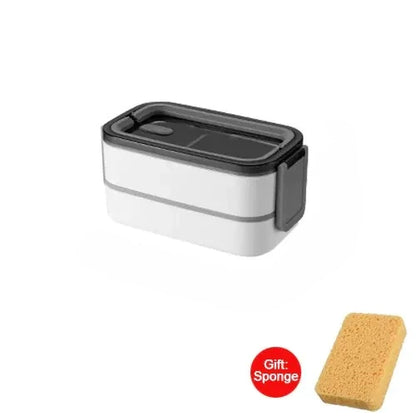 View of a sleek stainless steel double layer lunch box with a smooth silver finish and secure lid, showcasing its modern design