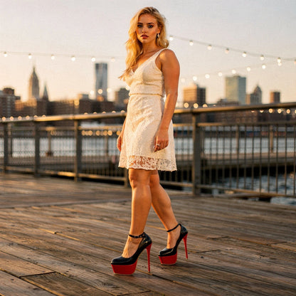 View of chic patent leather stiletto pumps in deep rose color, featuring a sleek pointed toe and elegant high heel