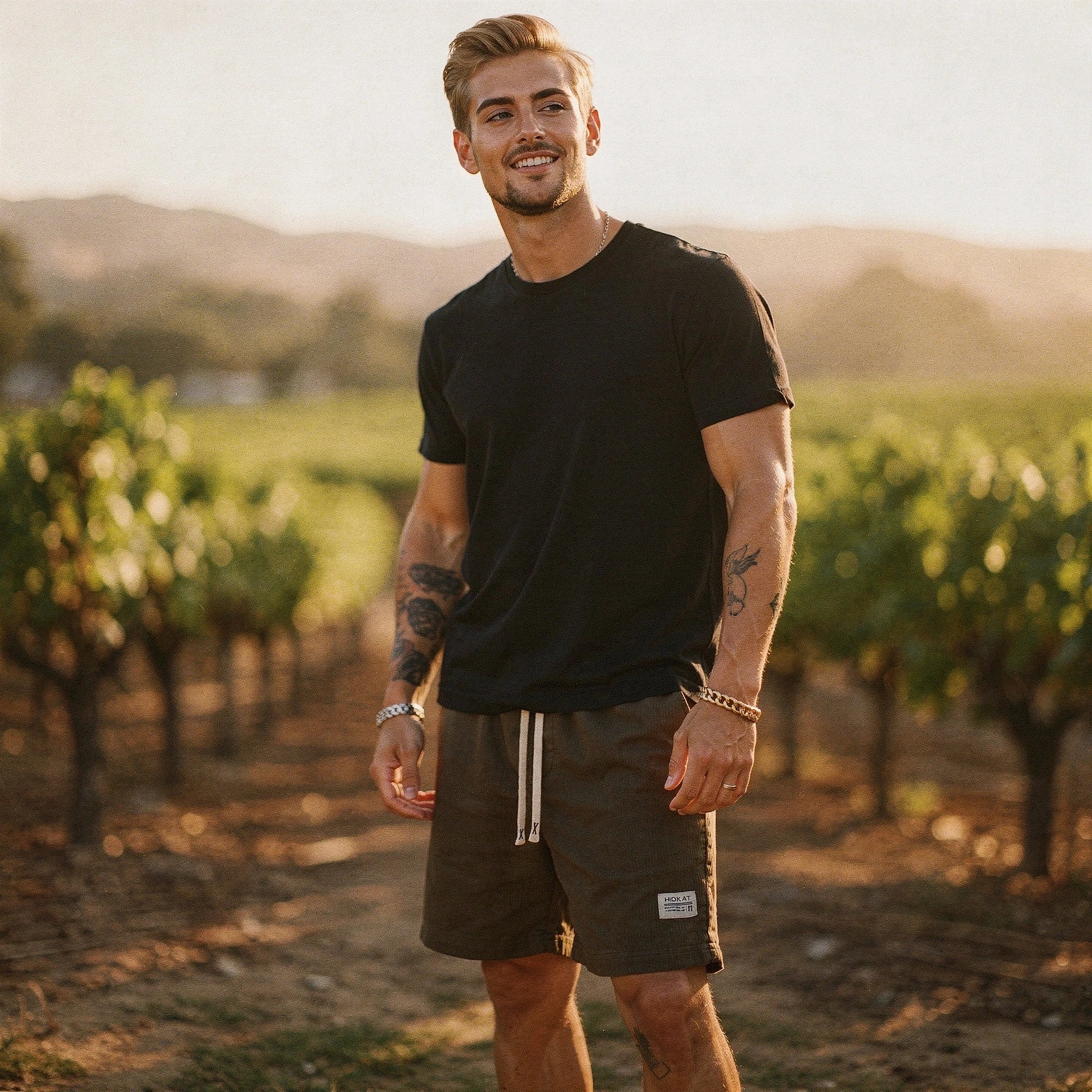 Light gray relaxed summer shorts made from stretchy cotton blend, featuring pockets and an elastic waistband, view