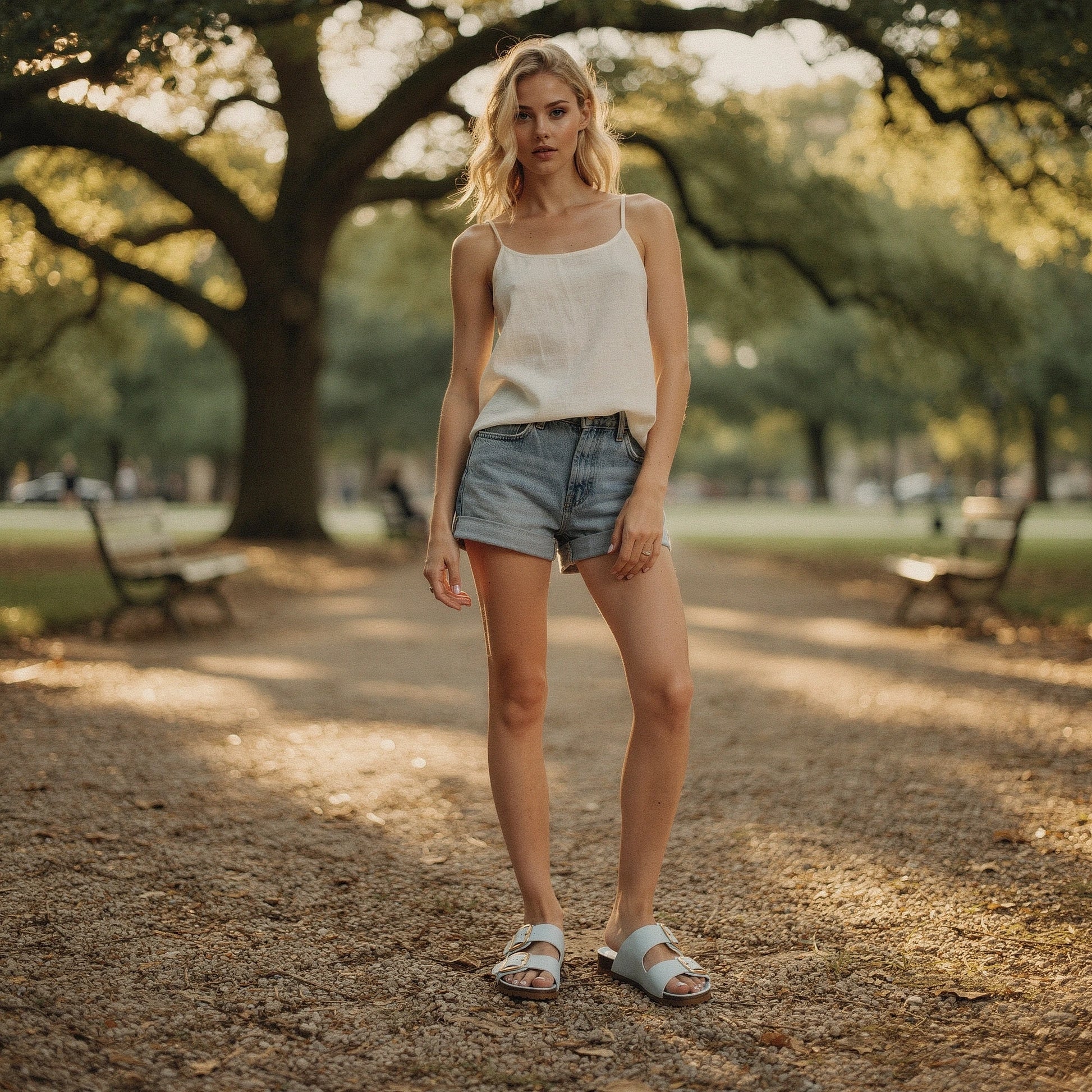 View of chic adjustable summer sandals in light tan leather, featuring a stylish buckle and soft footbed