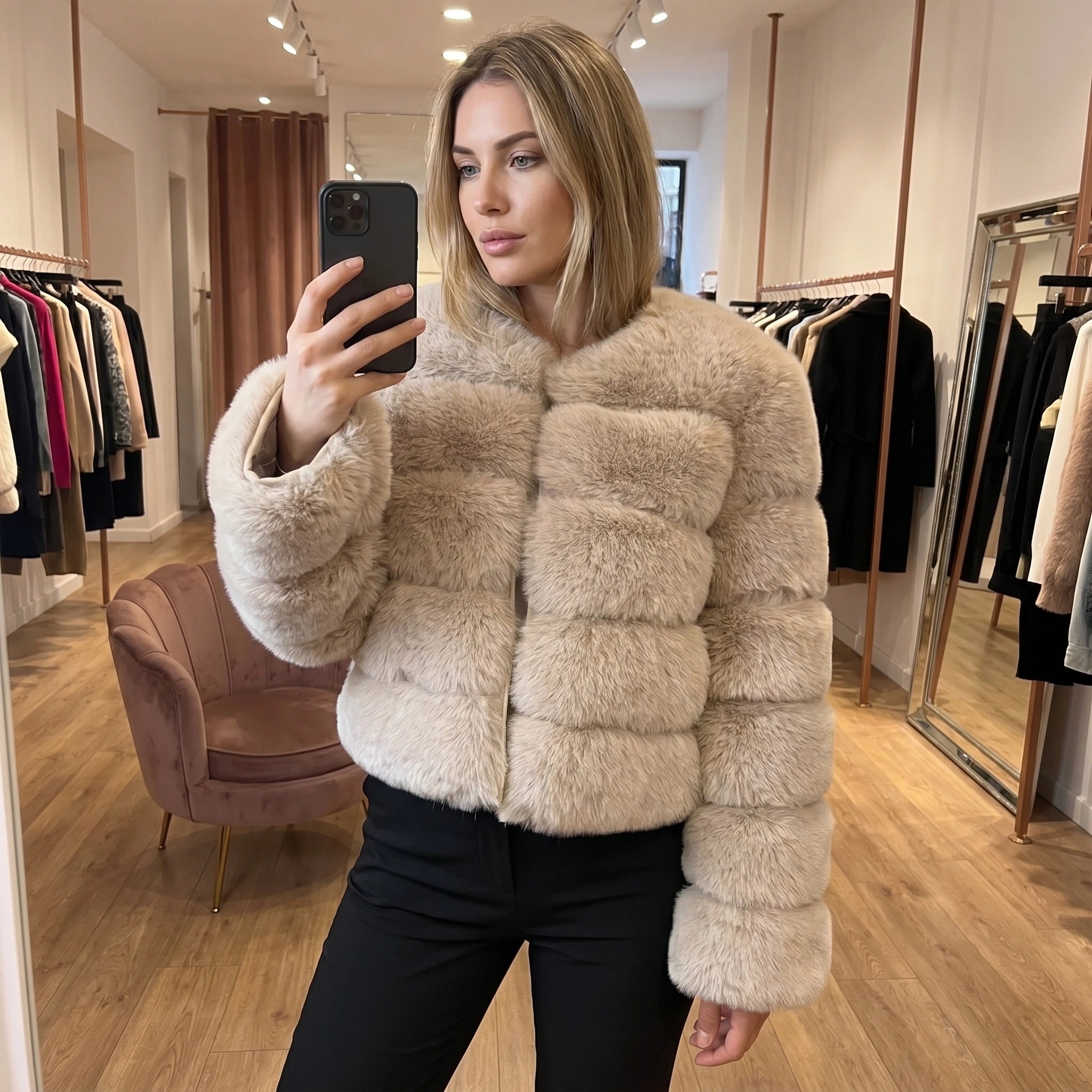 Close up view of the Womens Fluffy Autumn Coat showing its soft texture, intricate stitching, and design details against a neutral background.
