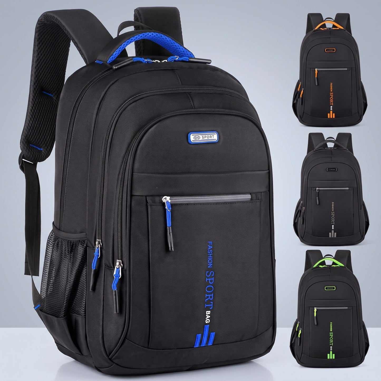 Close up view of the men's waterproof school backpack showing its durable Oxford fabric, precise stitching, and design details against a neutral background.