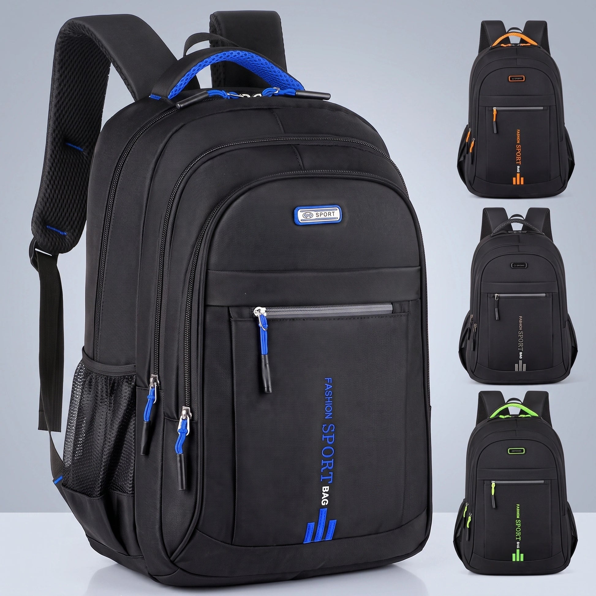 Close up view of the men's waterproof school backpack showing its durable Oxford fabric, precise stitching, and design details against a neutral background.