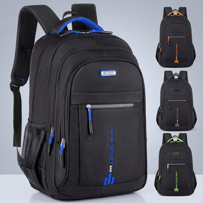 Close up view of the men's waterproof school backpack showing its durable Oxford fabric, precise stitching, and design details against a neutral background.