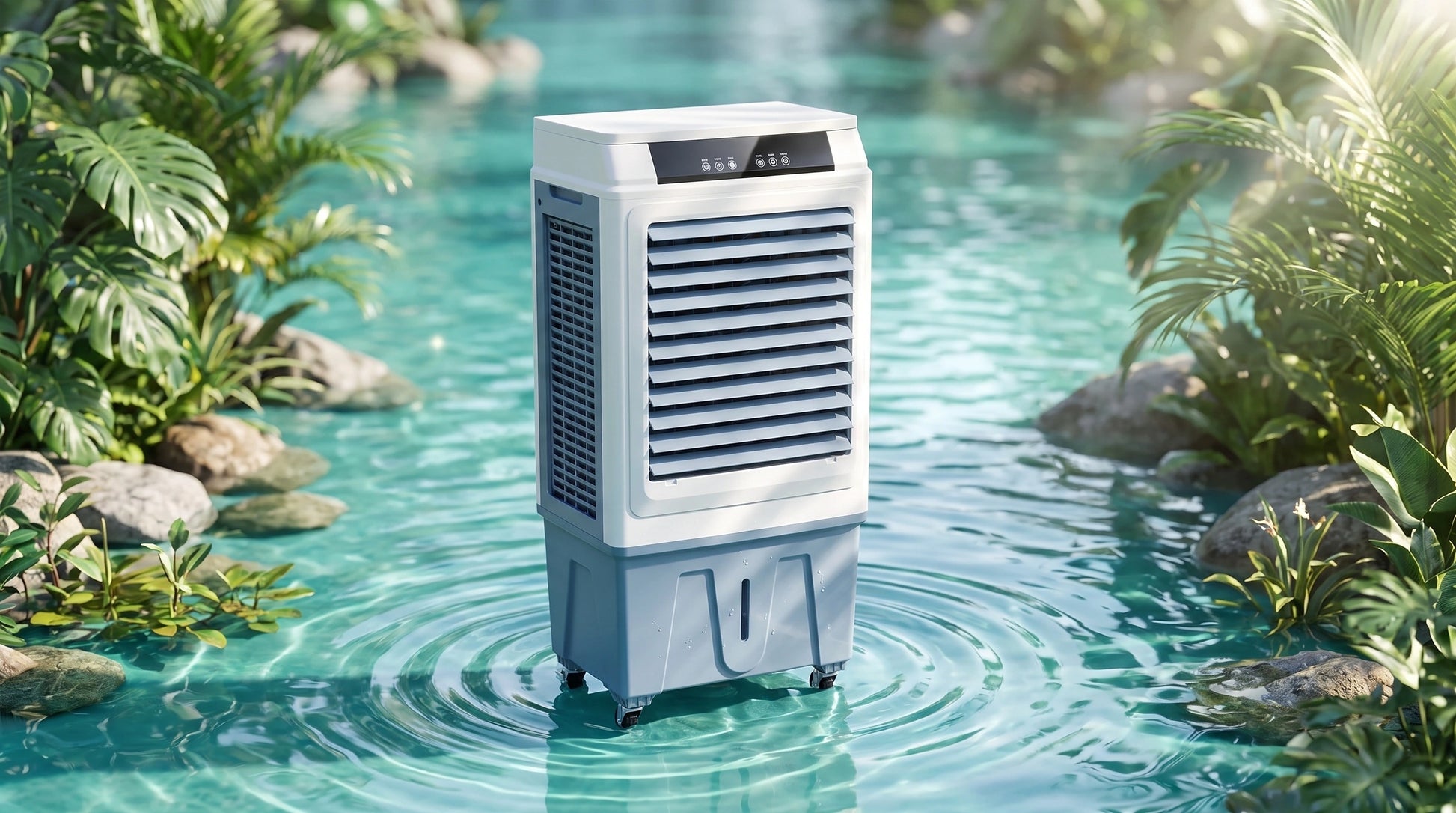 Close up view showing the sleek design and detailed stitching of the efficient portable evaporative air cooler with remote control features.