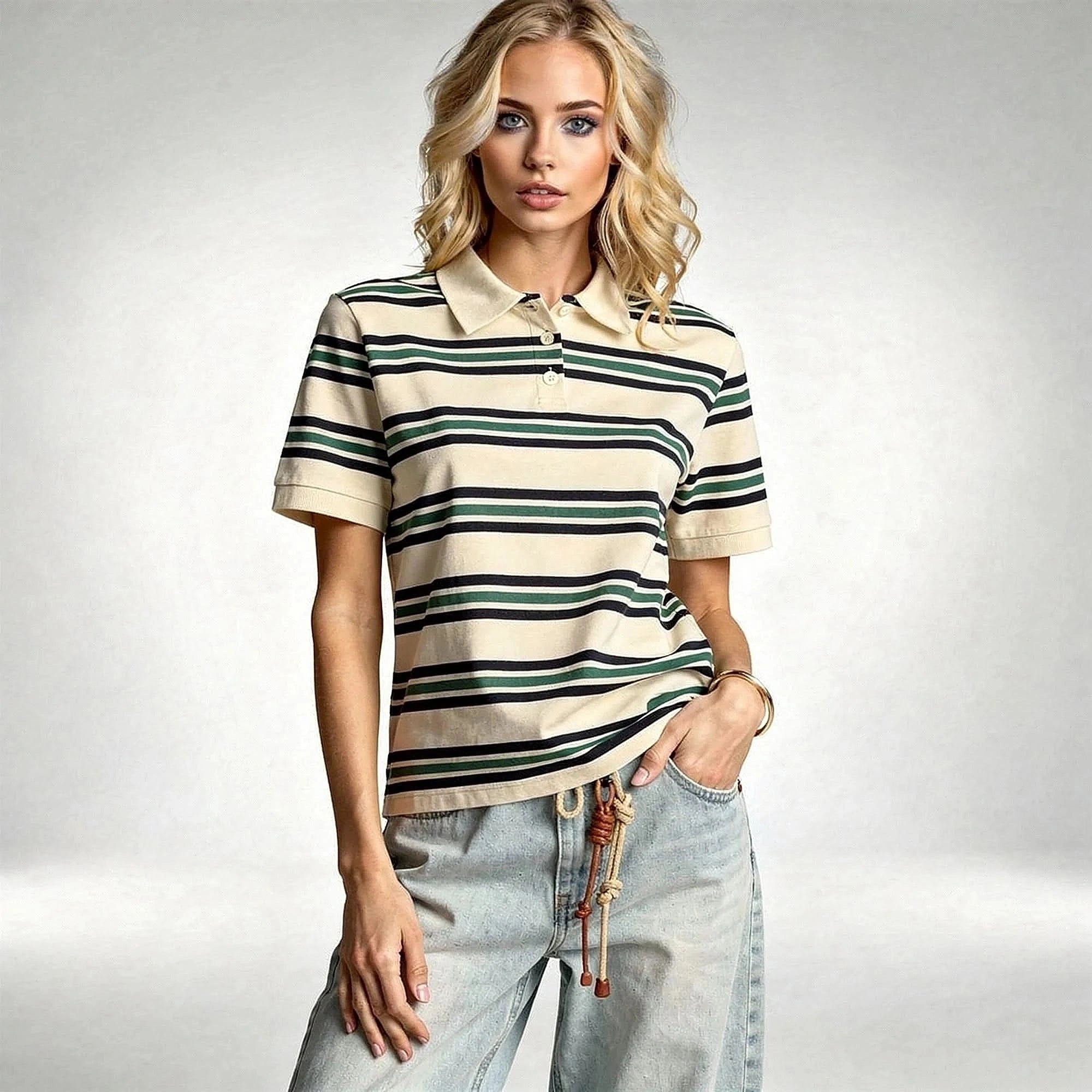 View of a relaxed fit polo neck t shirt in soft cotton, featuring a light gray color and short sleeves