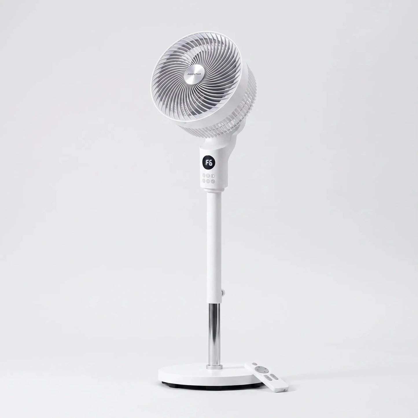 The view showcases the sleek design and adjustable height feature, highlighting the oscillation mechanism and power cord placement