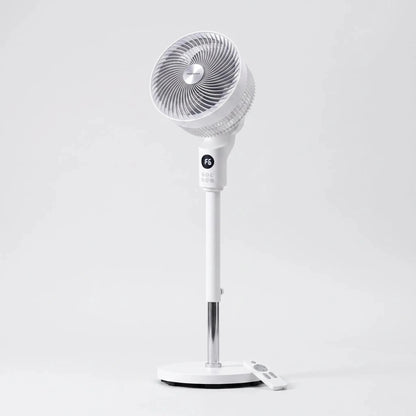 The view showcases the sleek design and adjustable height feature, highlighting the oscillation mechanism and power cord placement