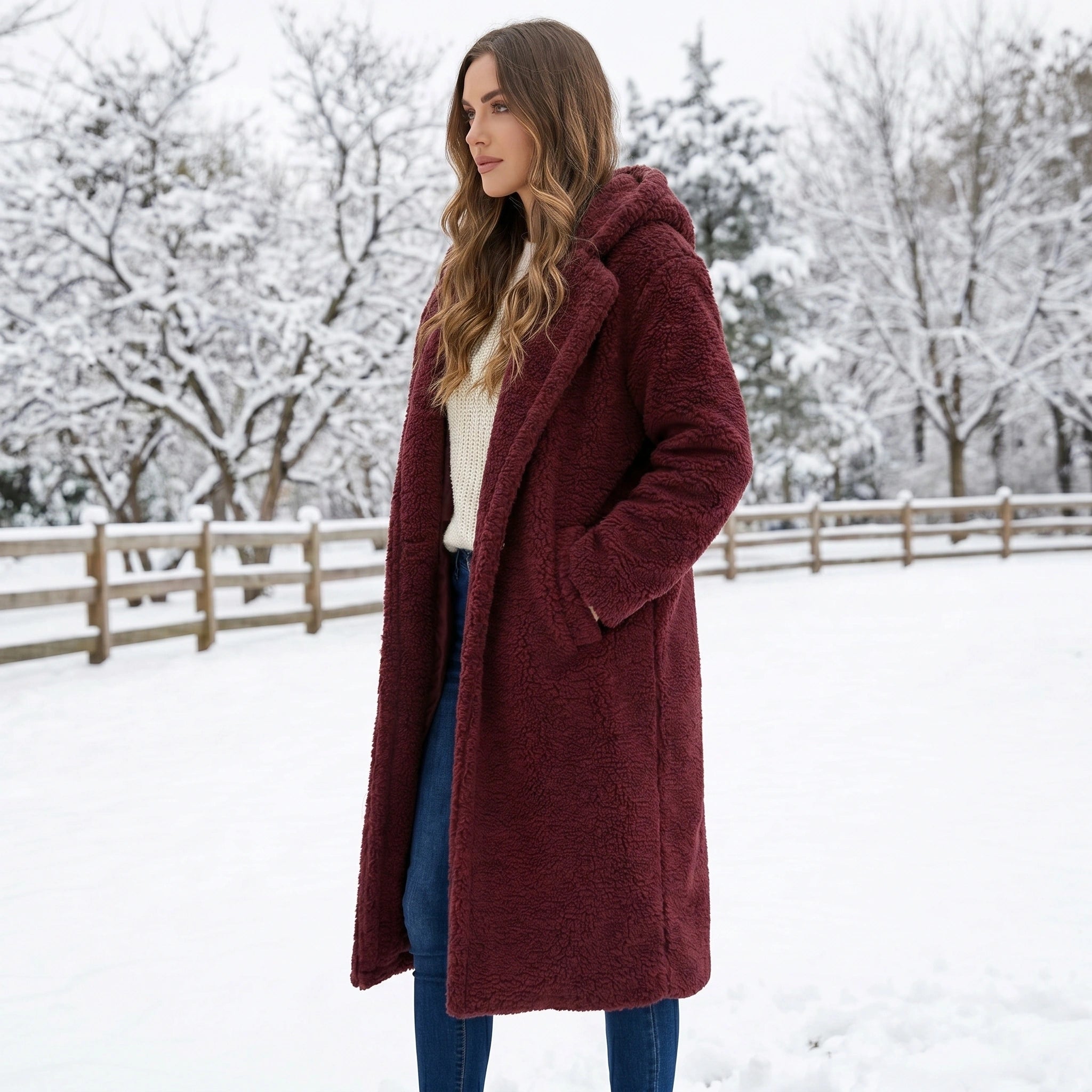 Front view of a model showing the Womens Relaxed Classic Winter Coat in a neutral color, styled with high waisted trousers against a minimalist backdrop.