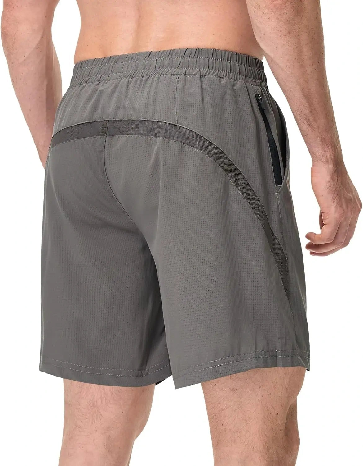 View of men's athletic shorts in dark gray, featuring a quick dry fabric and breathable design for summer wear