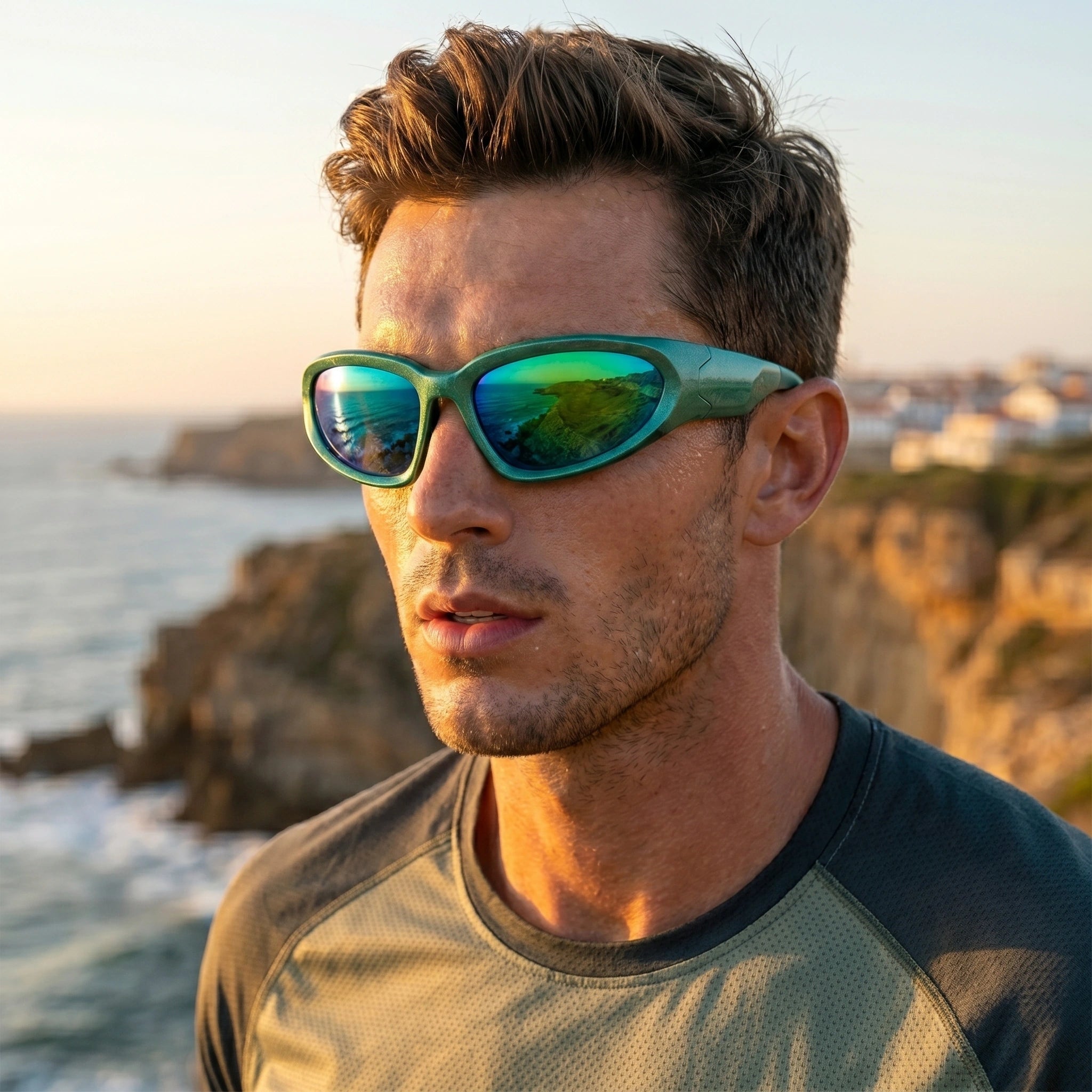 Back view of men's bold retro vintage sunglasses showing the intricate frame design and finish against a neutral background.