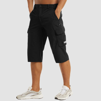 View of men's structured summer cargo shorts in khaki, featuring multiple pockets and a breathable fabric
