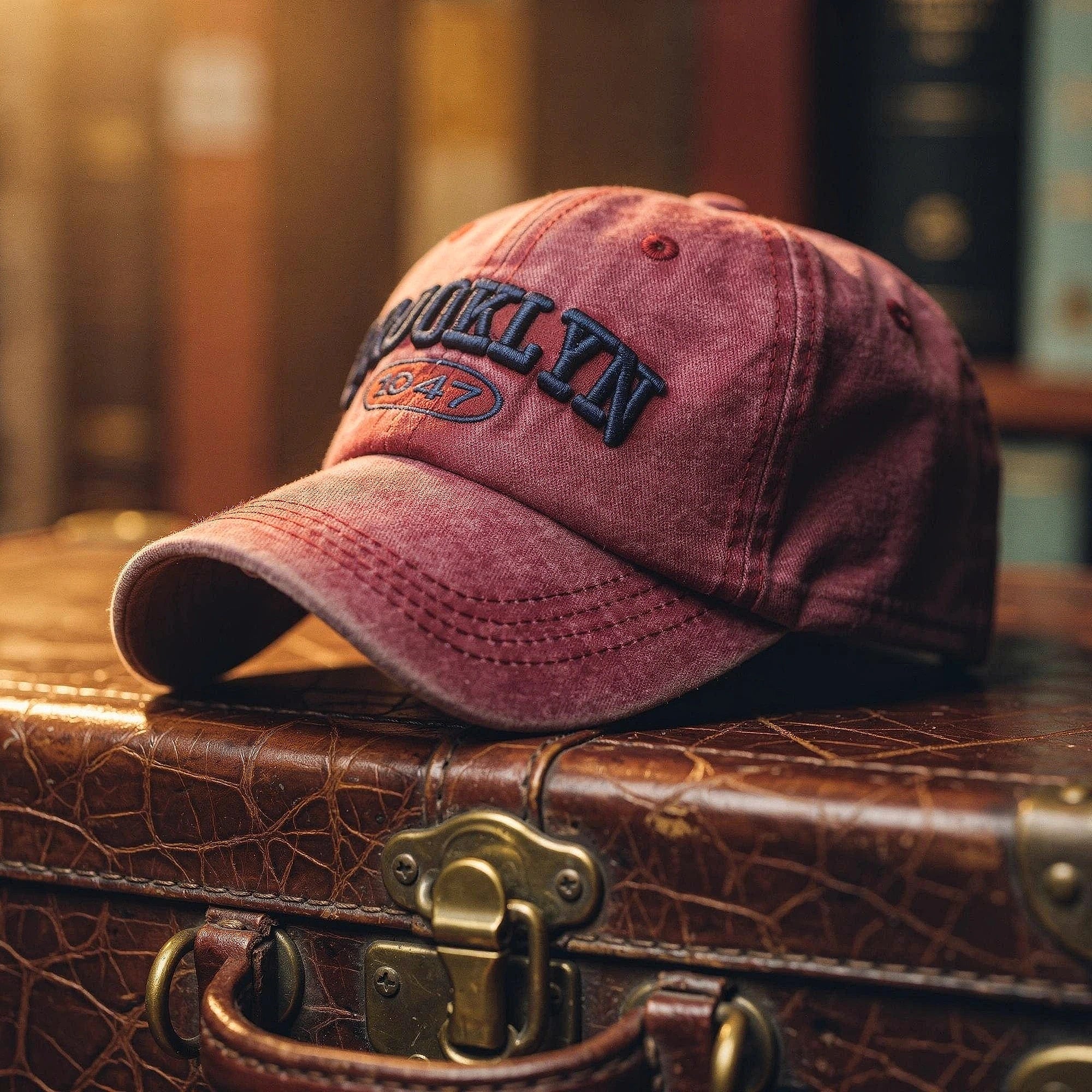 View of a navy blue embroidered cap featuring a casual chic design and adjustable strap at the